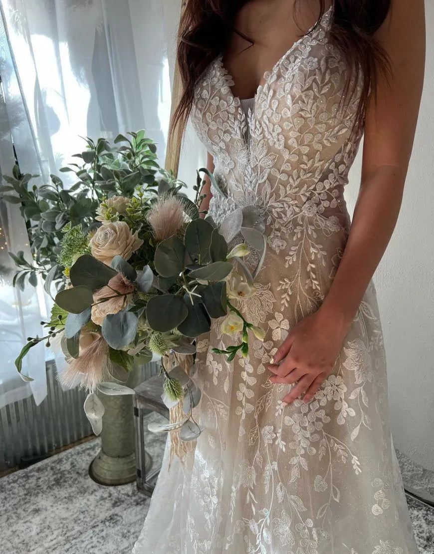 Elegant Champagne A-line Italian Noodle Strap Keyhole Back Wedding Dress
