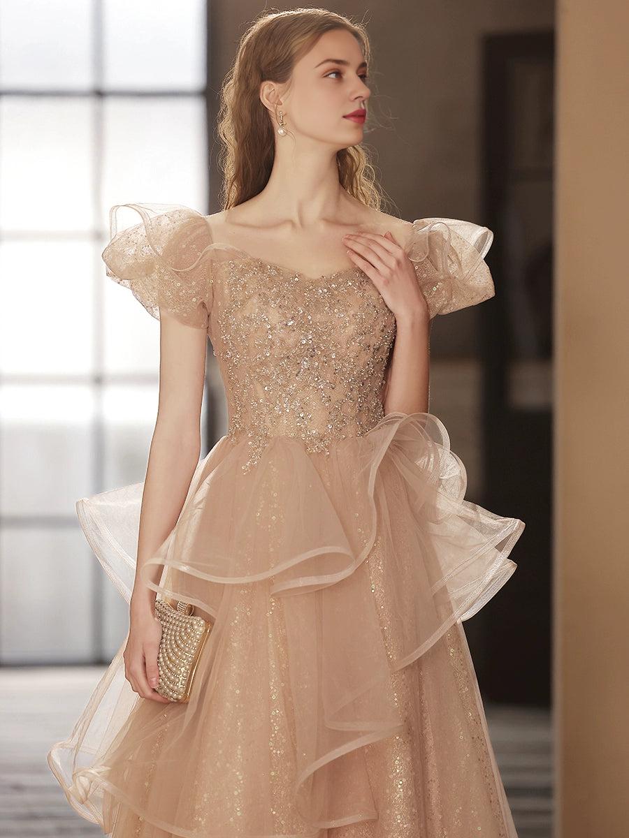 Champagne Tulle Sequin Long Prom Dress Champagne Sequin Long Formal Dress
