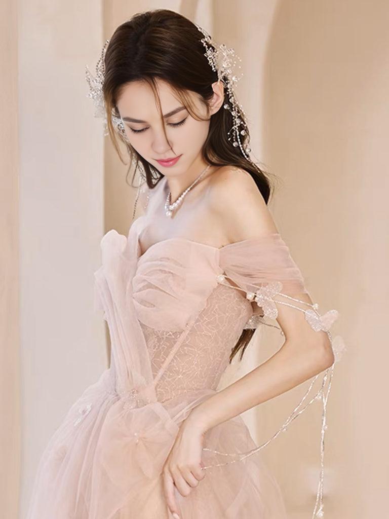Champagne Pink A-Line Tulle Sequin Long Prom Dress Champagne Pink Prom Dress