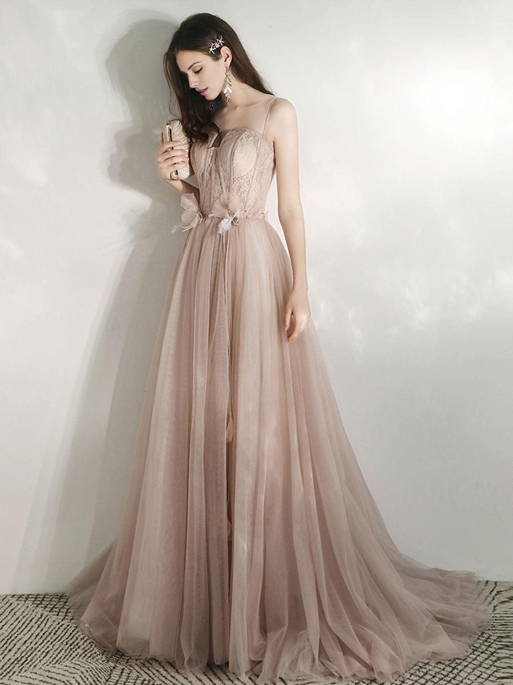Champagne A-Line Tulle Lace Long Prom Dresses Champagne Lace Formal Dress