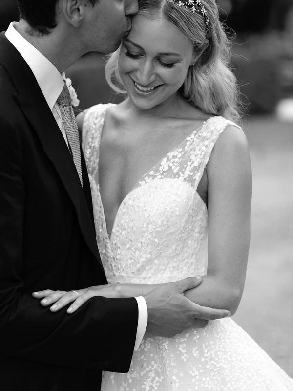 Beautiful A-line sequin lace V-neck church style skirt wedding dress