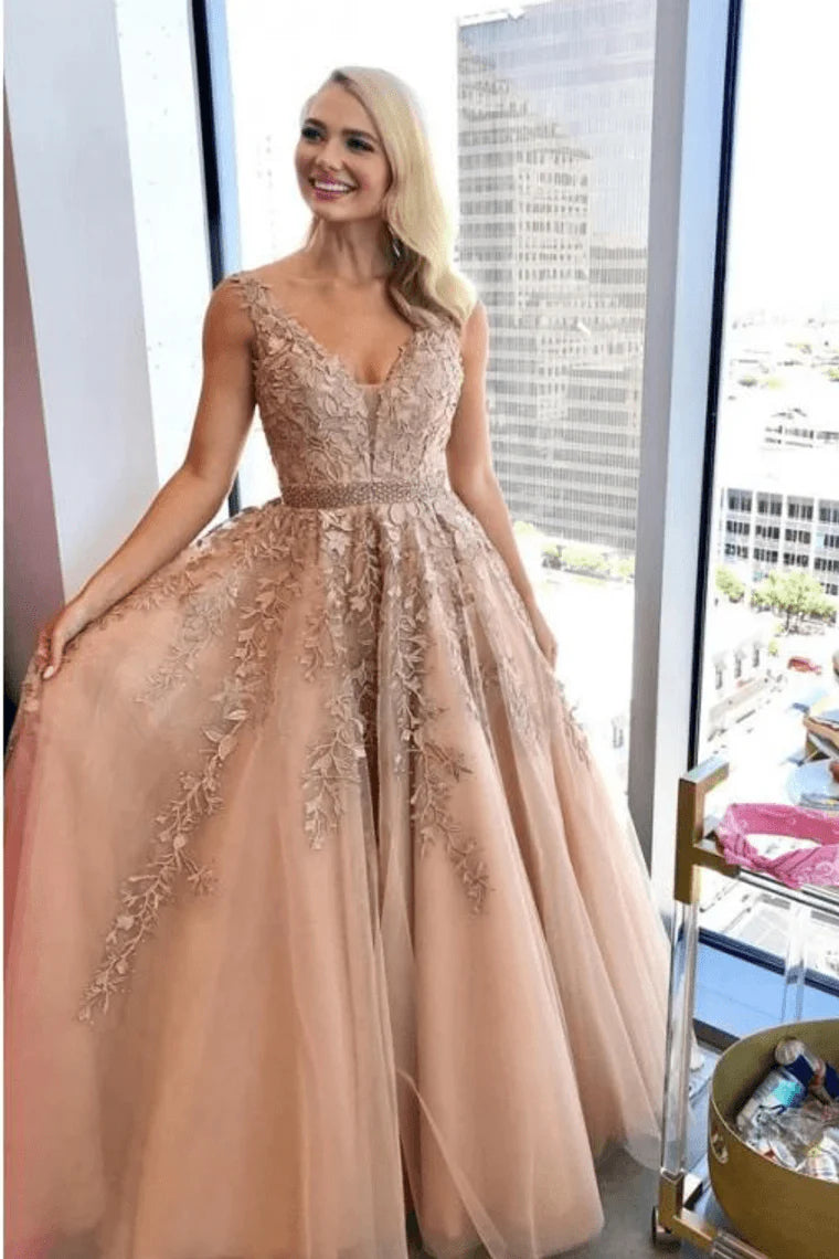 Charming A-line V-neck beaded sheer ball dress with embellishments and floor long skirt