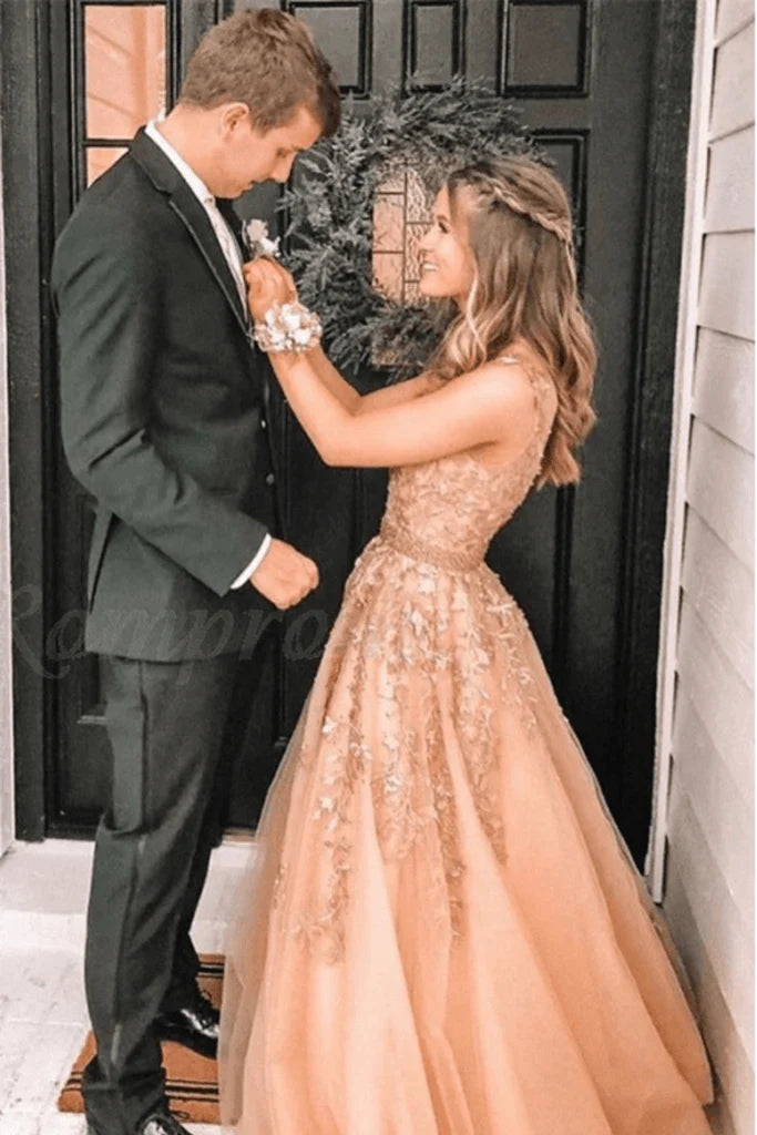 Charming A-line V-neck beaded sheer ball dress with embellishments and floor long skirt