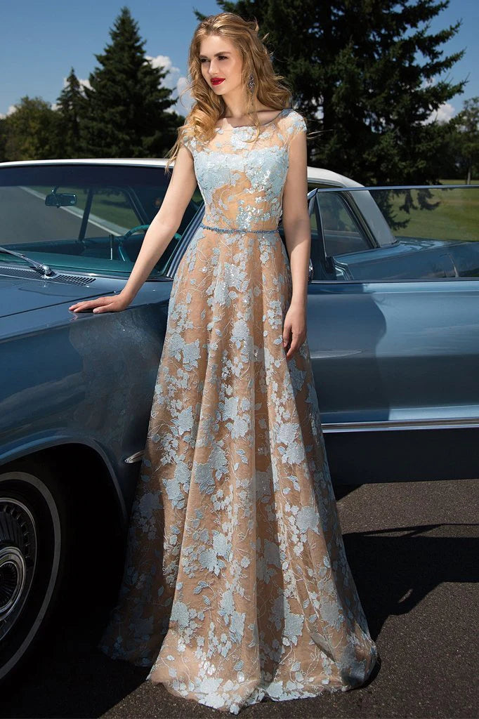 A charming blue lace backless tulle hollowed out floor to ceiling ball dress with sleeves
