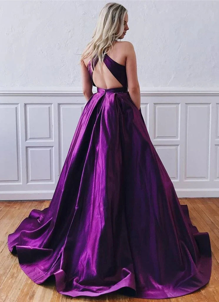 Charming purple sleeveless A-line high necked satin ball dress