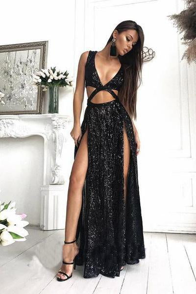 Charming and sexy glittering sequins, simple rose gold and black split fashion ball dress