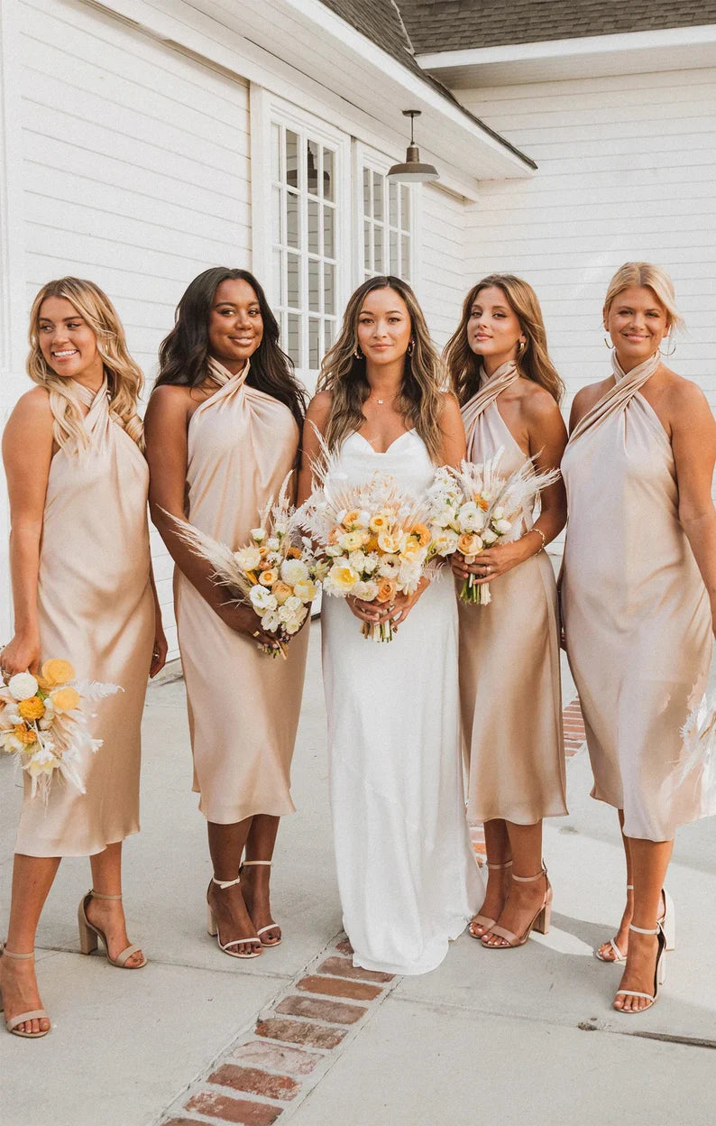 Charming and elegant silk satin tea long bridesmaid dress