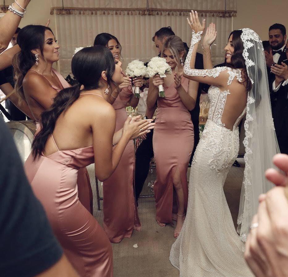 Sexy and charming slim fit V-neck slit pink long bridesmaid dress