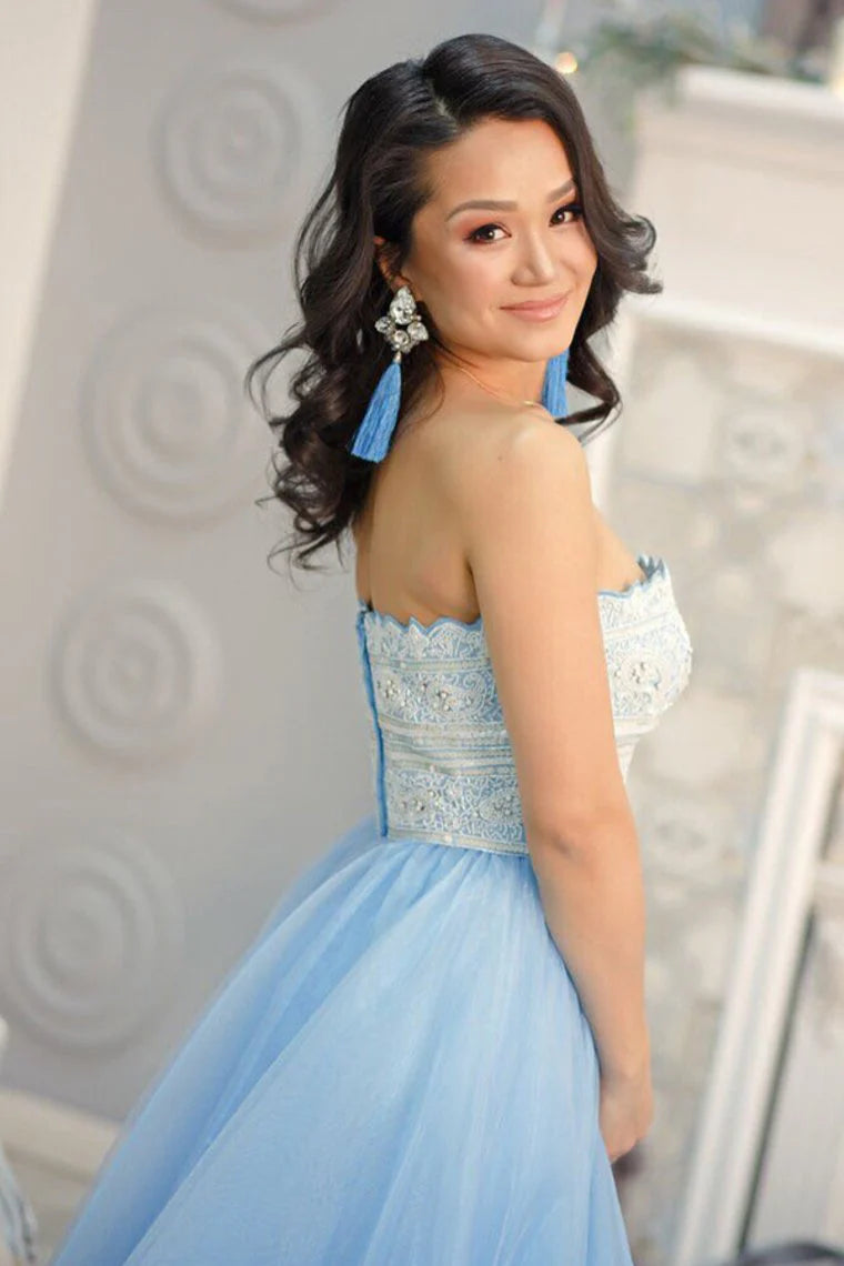 Charming strapless long sheer light blue elegant ball dress