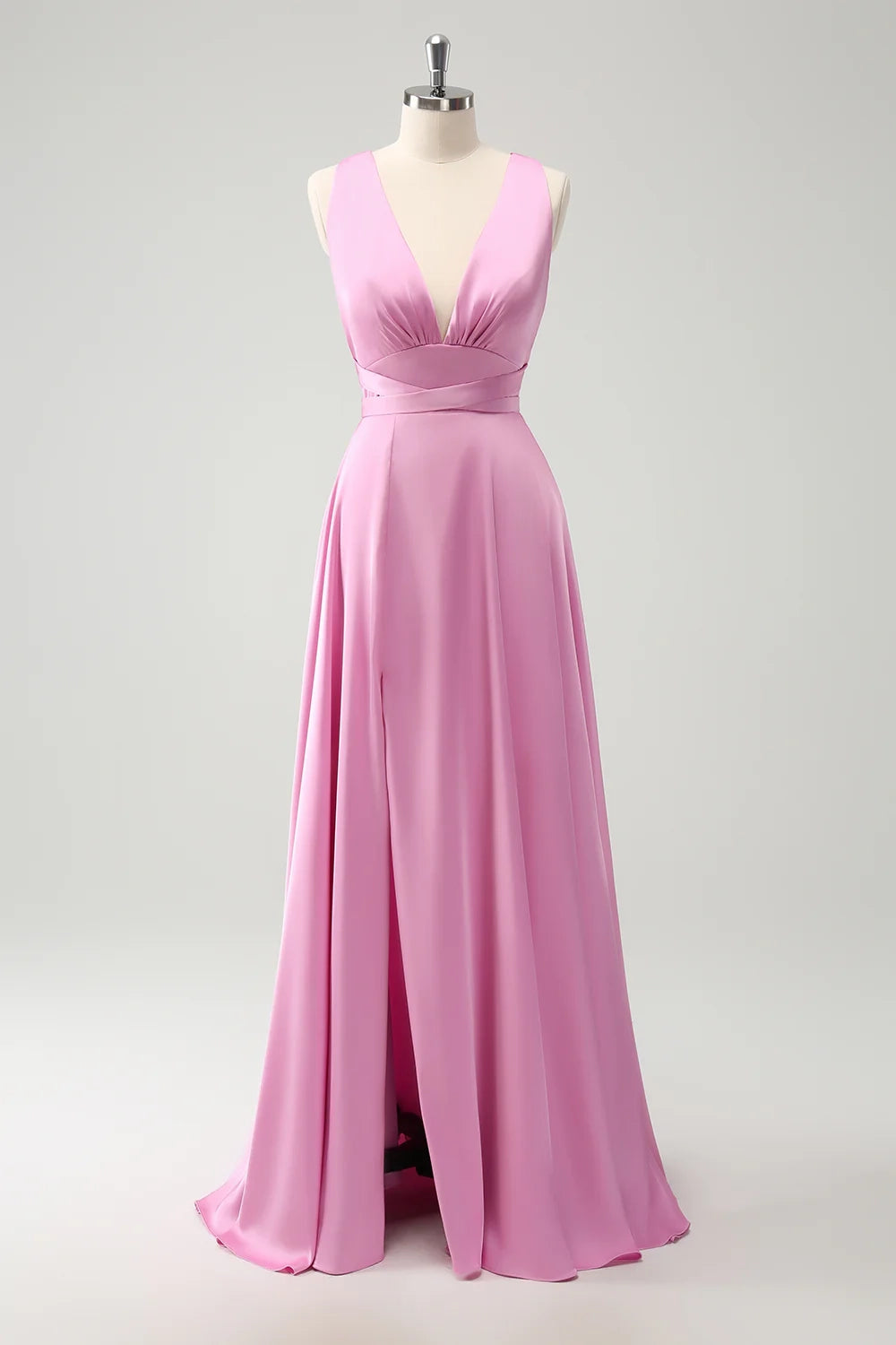 Charming A-line deep V-neck backless long slit bridesmaid dress