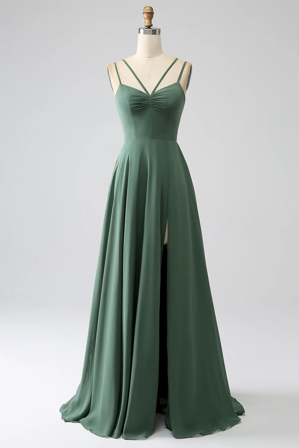 Charming A-line slim shoulder strap pleated chiffon slit bridesmaid dress