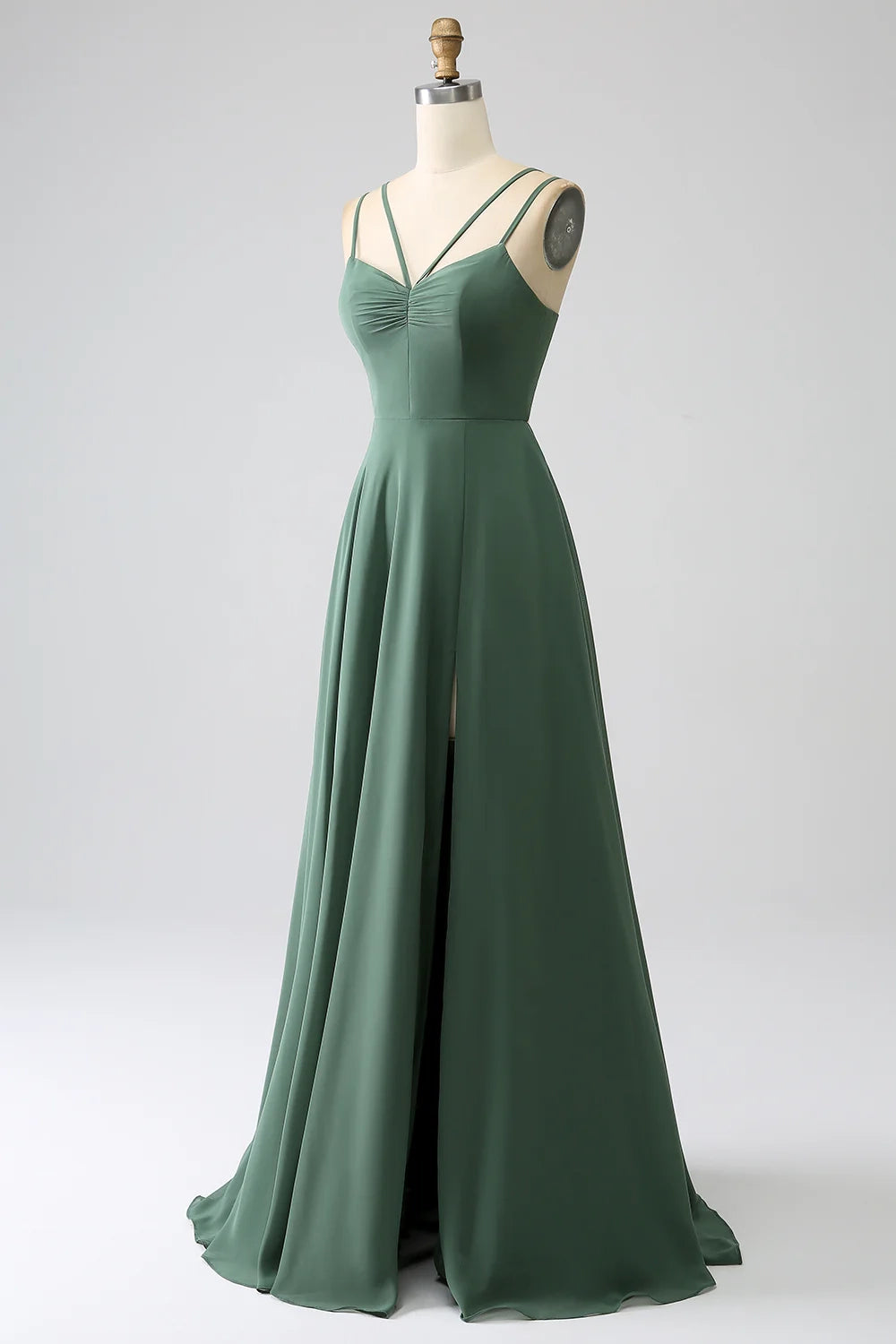 Charming A-line slim shoulder strap pleated chiffon slit bridesmaid dress