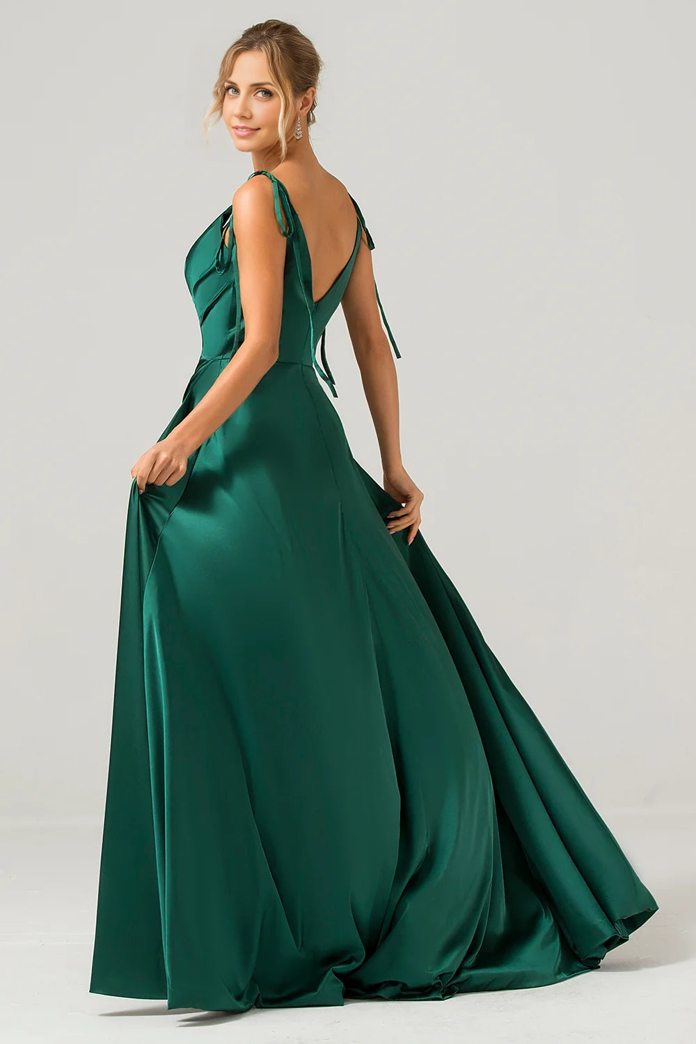 Charming A-line slim shoulder strap pleated satin long slit bridesmaid dress