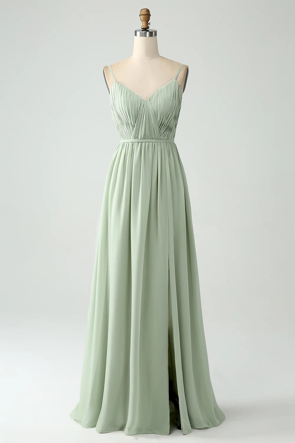 Charming A-line slim shoulder strap pleated slit V-neck sleeveless bridesmaid dress
