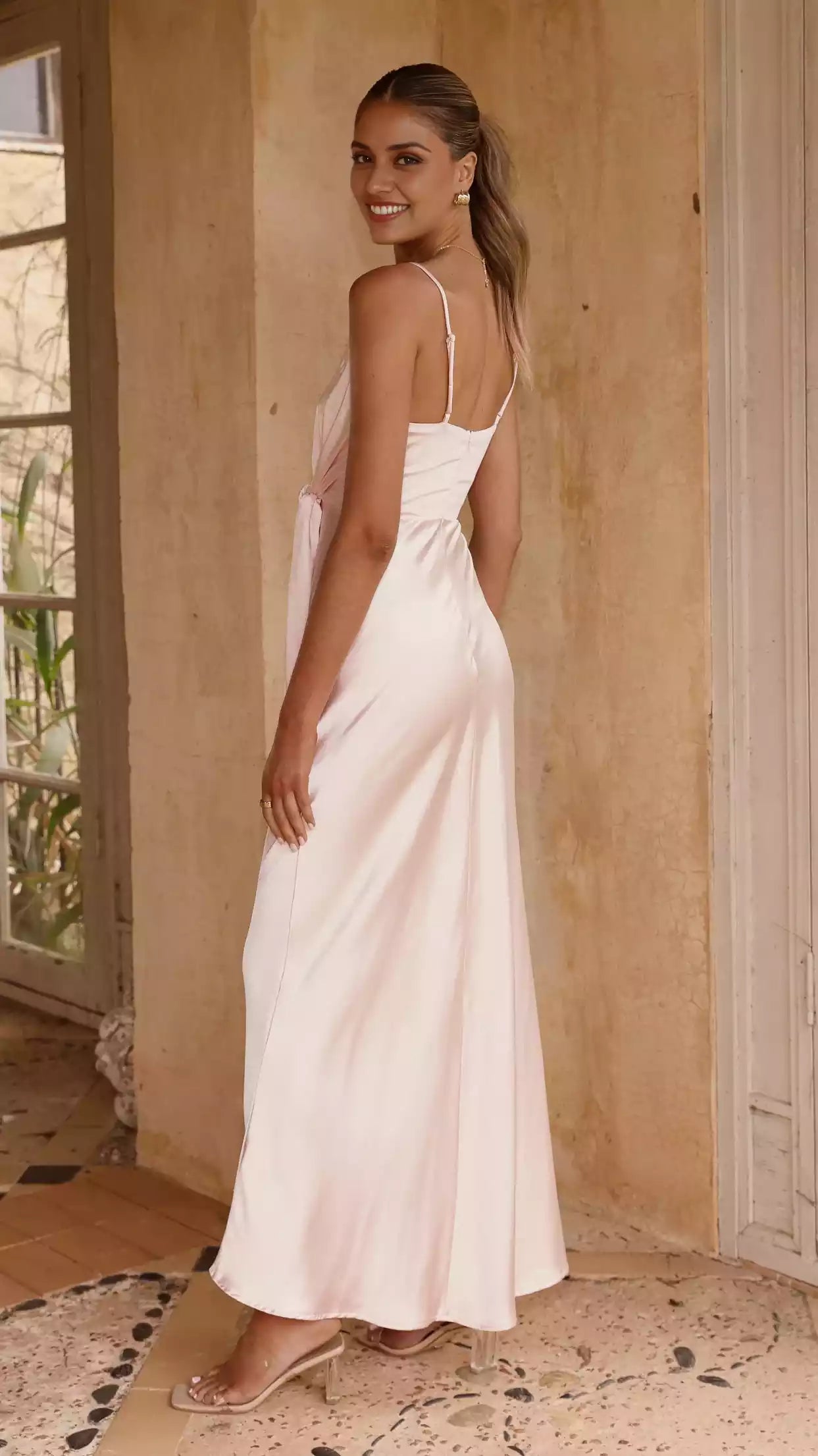 Charming adjustable thin shoulder strap V-neck, hidden zipper at the back, pleated side slits, Prom Dresses