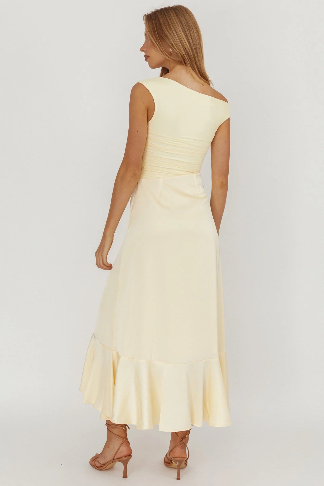 Charming asymmetrical neckline satin ruffled leg slit bridesmaid dress
