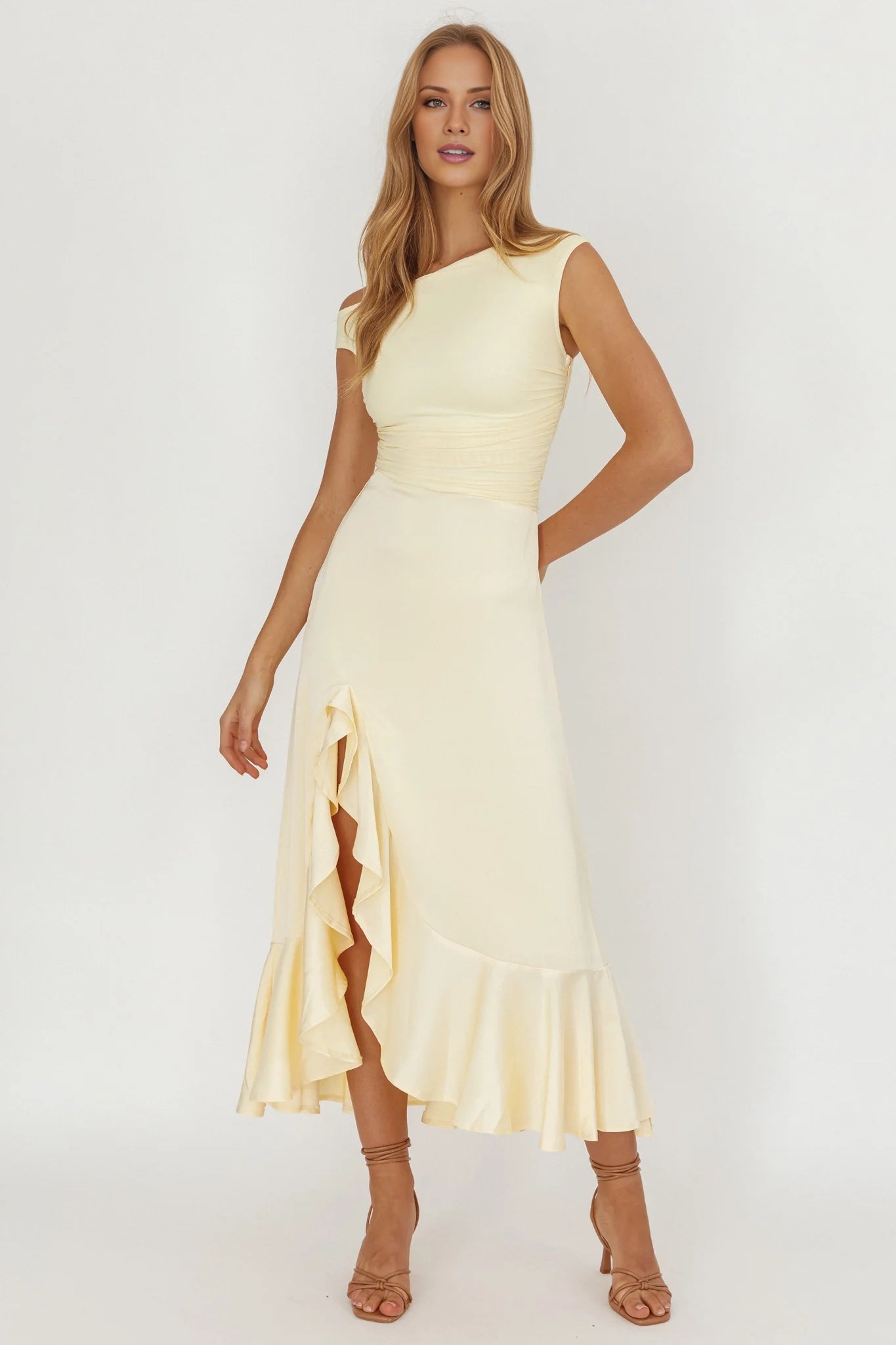 Charming asymmetrical neckline satin ruffled leg slit bridesmaid dress