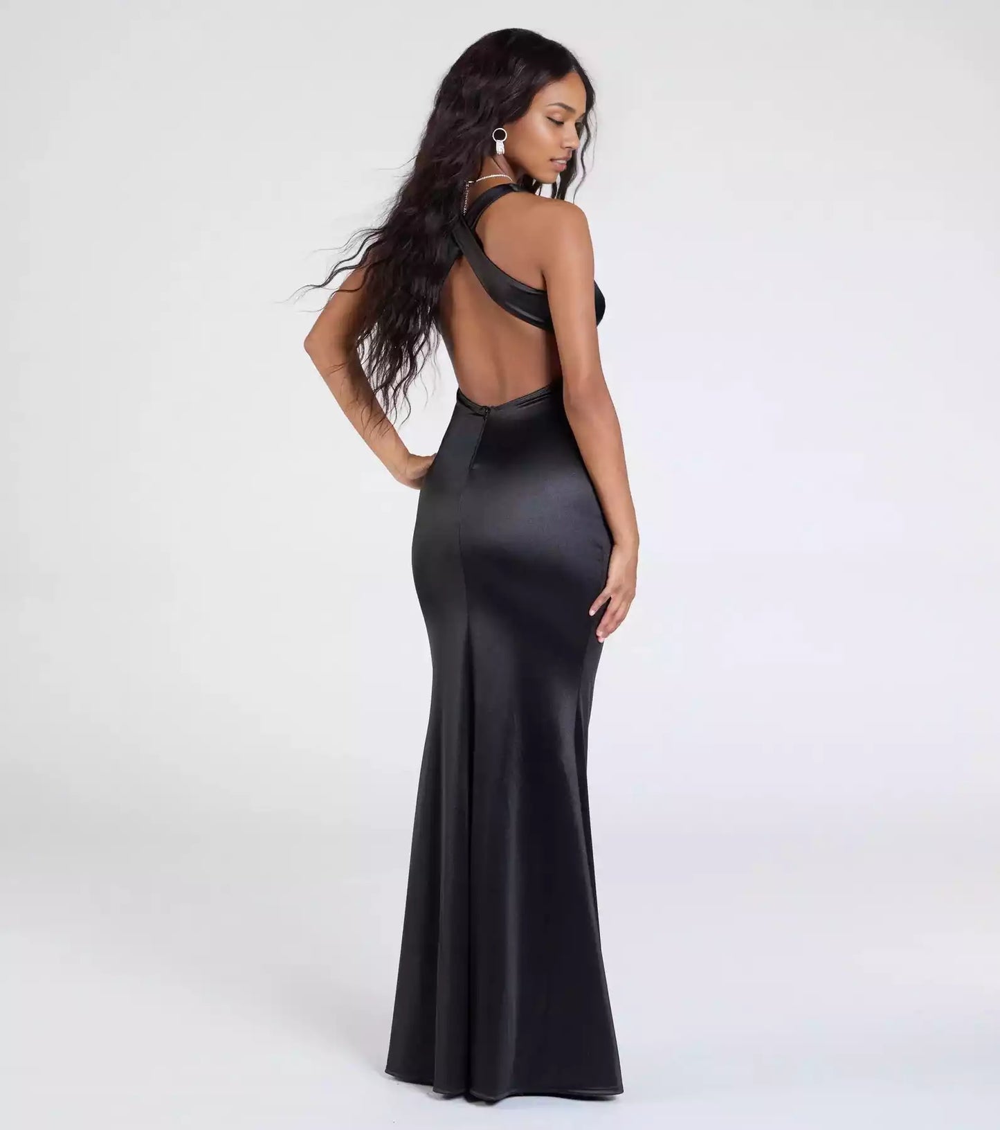 Charming elastic satin square neckline with wide shoulder straps, backless mermaid and floor Prom Dresses