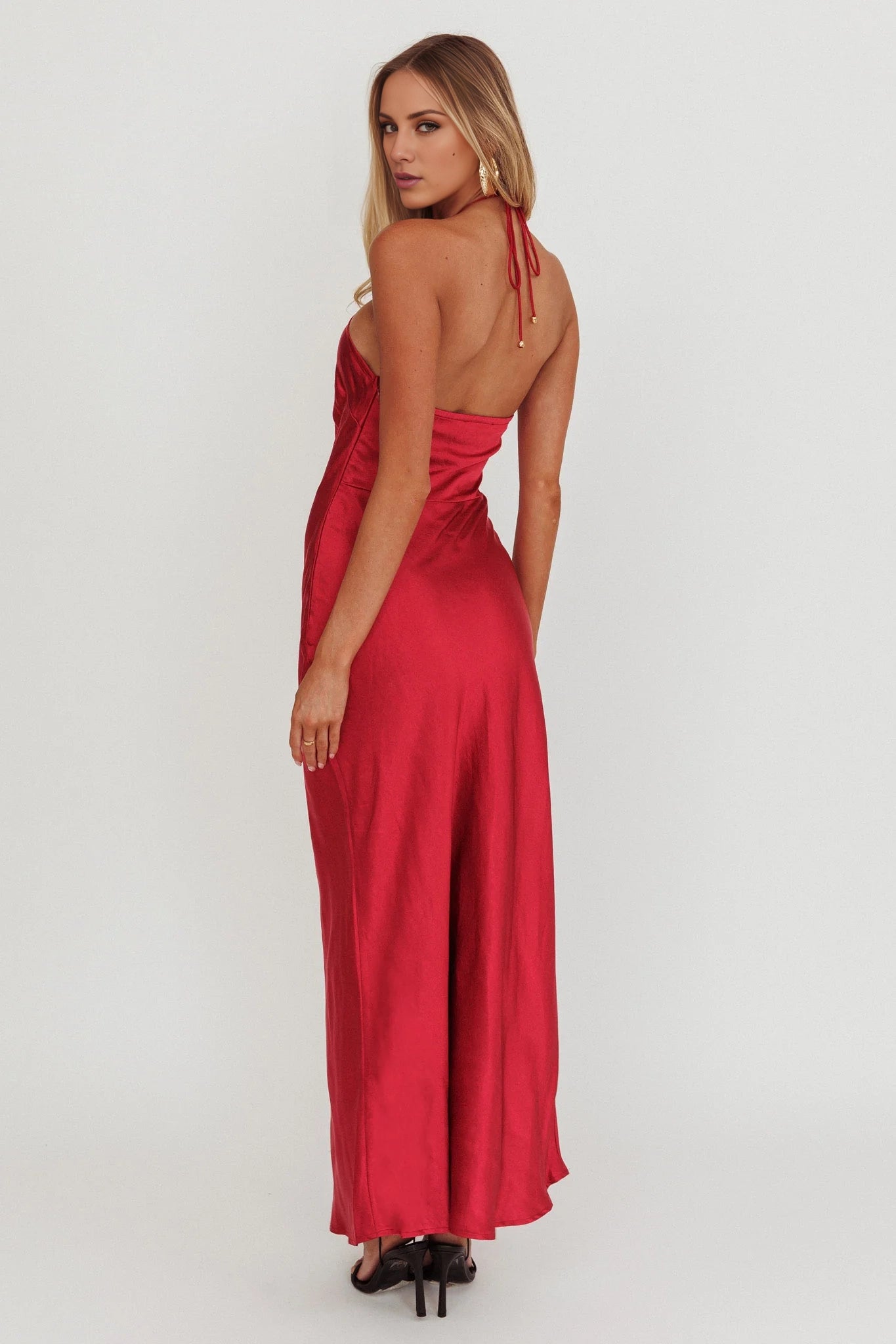 Charming floral decoration backless satin with extra long side zipper bridesmaid dress
