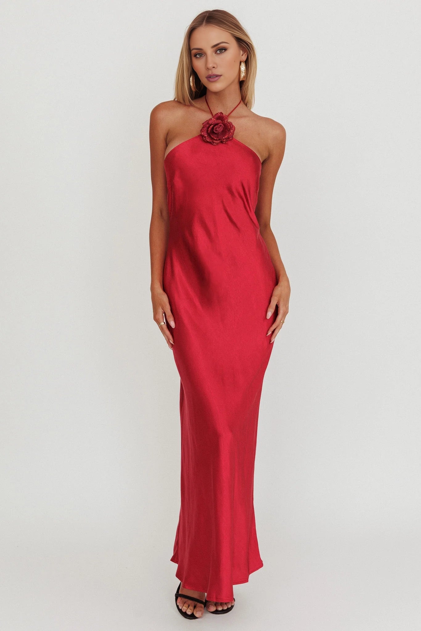 Charming floral decoration backless satin with extra long side zipper bridesmaid dress