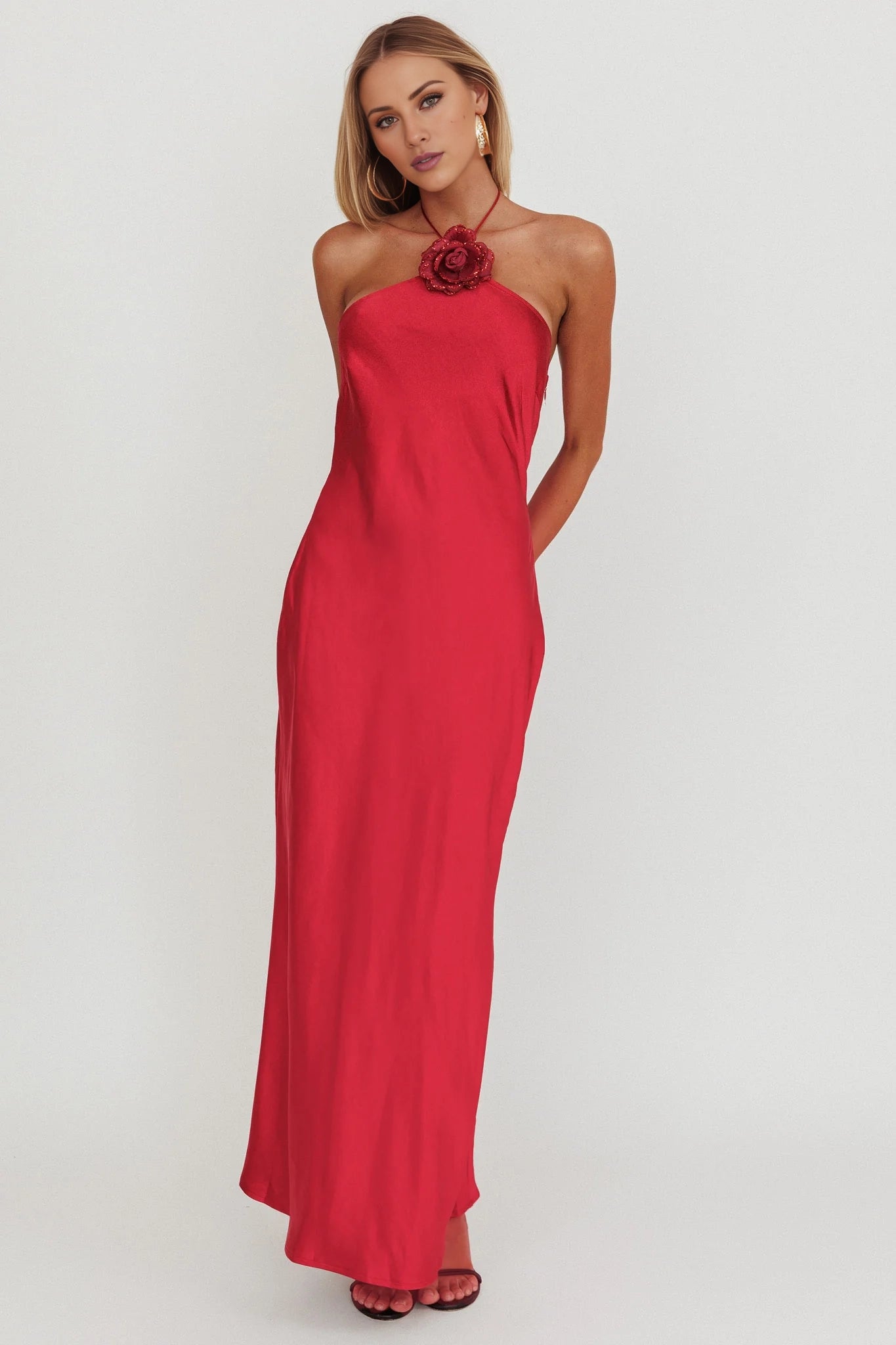 Charming floral decoration backless satin with extra long side zipper bridesmaid dress