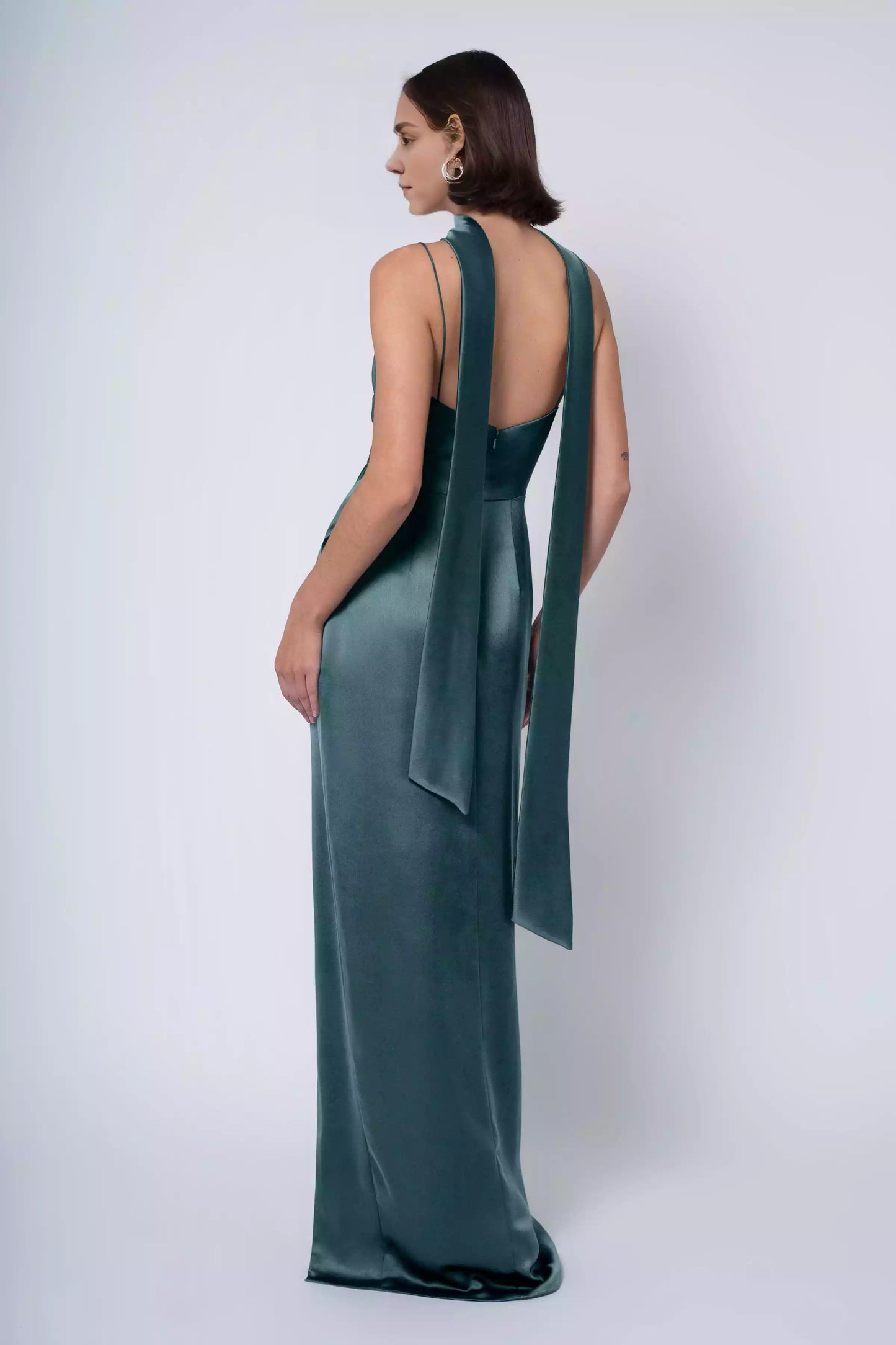 Charming luxury satin thin shoulder straps, round neck, pleated slit, tight corset, back middle zipper, Bridesmaid Dresses