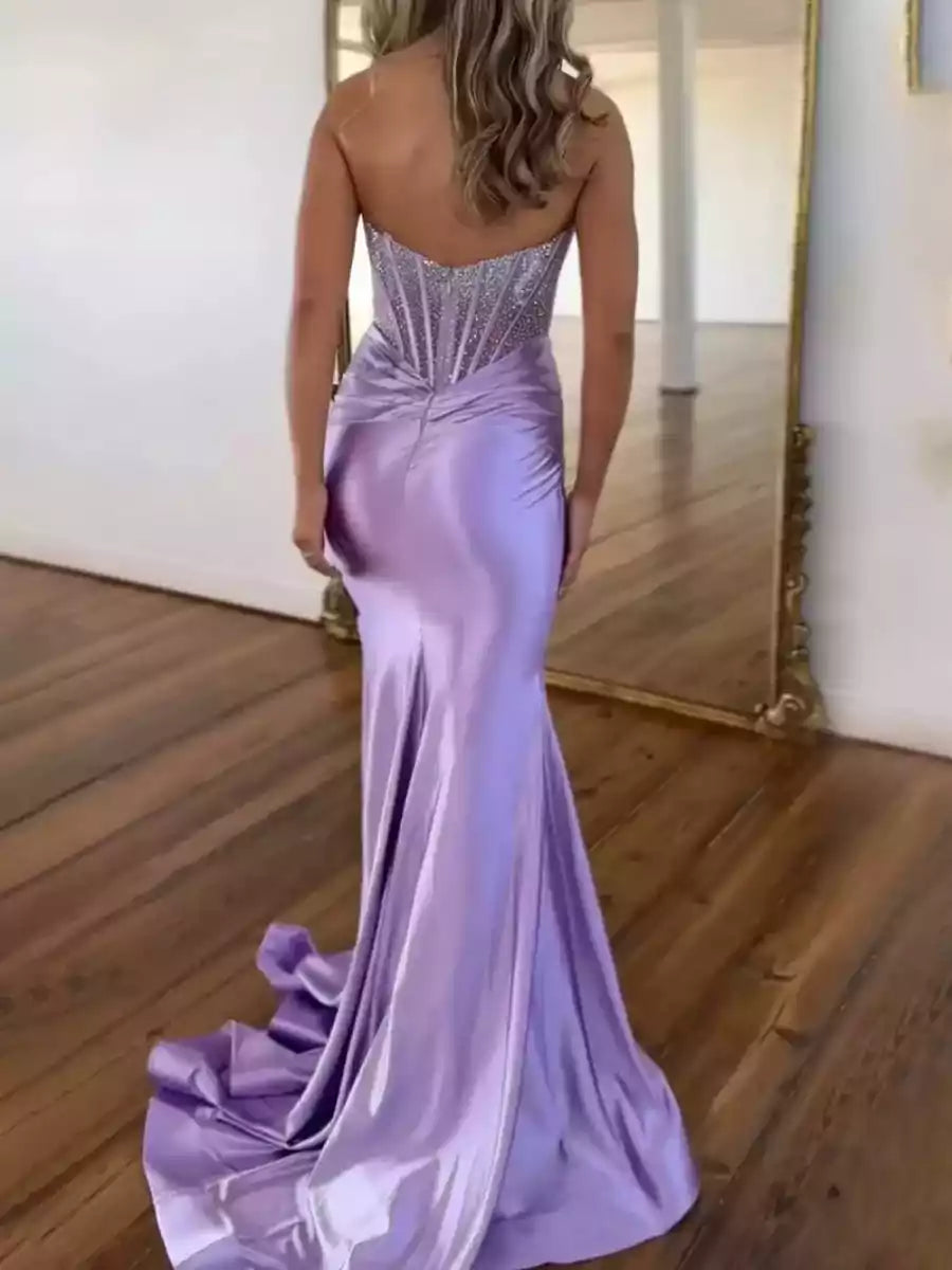 Charming off shoulder mermaid satin long sleeveless bead lace up back Prom Dresses