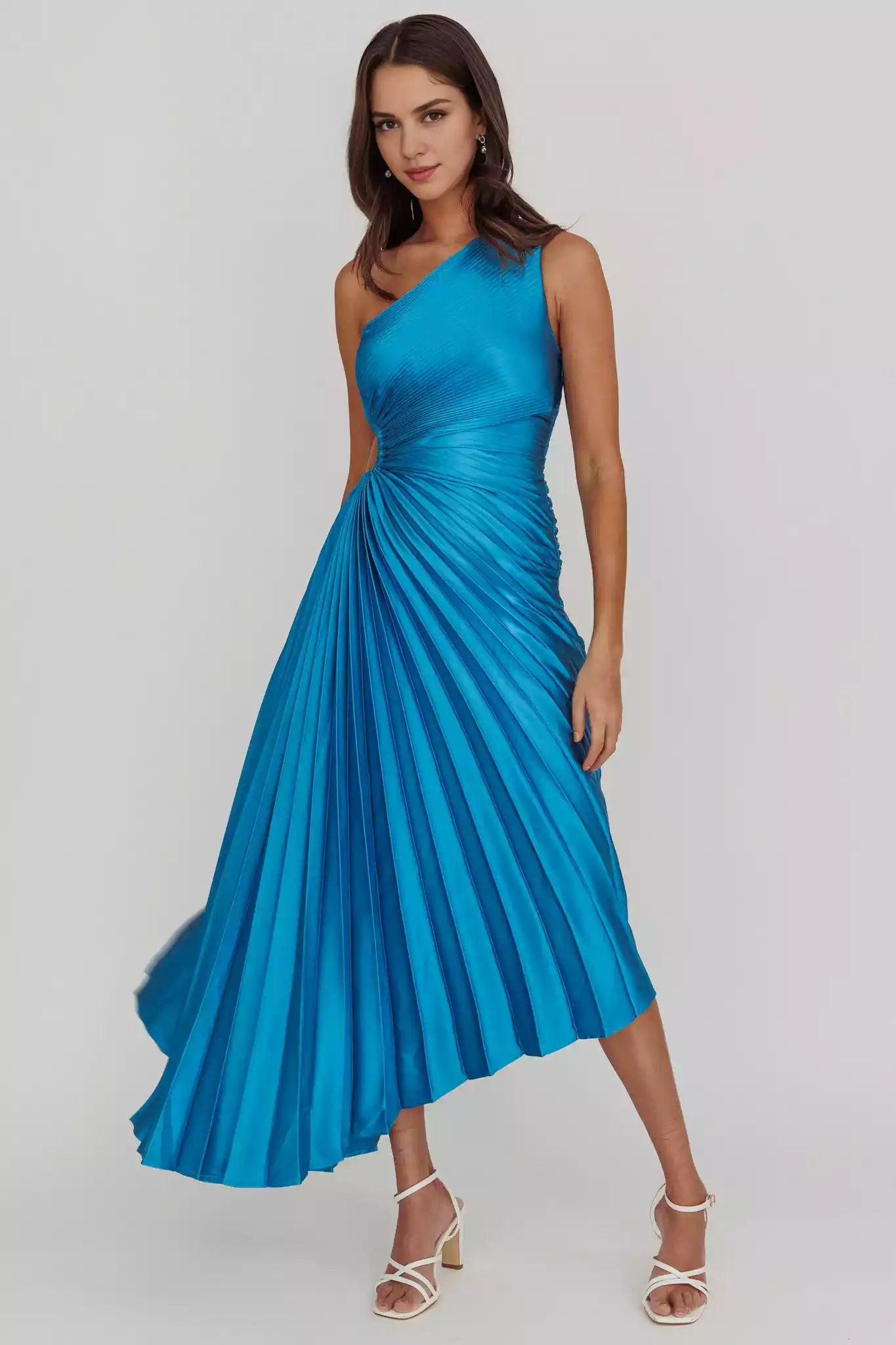 Charming pleated satin mid length waist cut with hidden side zipper lining Bridesmaid Dresses