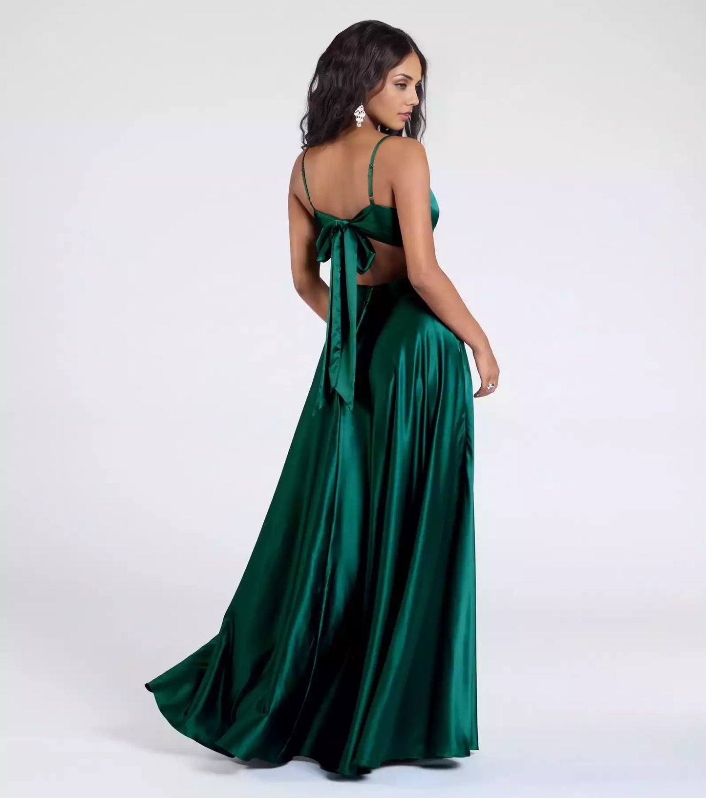 Charming satin sleeveless V-neck cut with adjustable thin shoulder straps, high waist and floor A-line high slit Prom Dresses