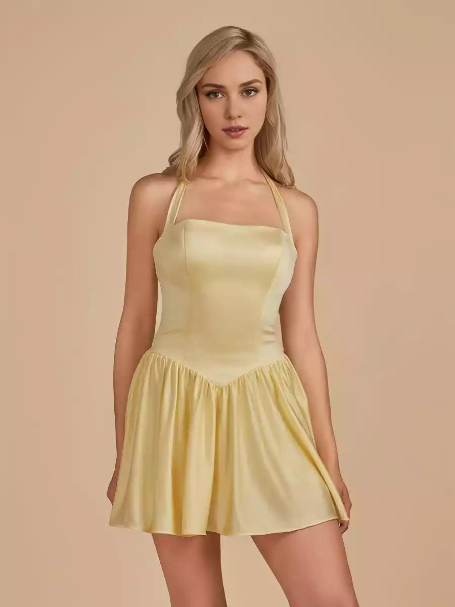 Charming short satin backless sleeveless lace up back Homecoming Dresses