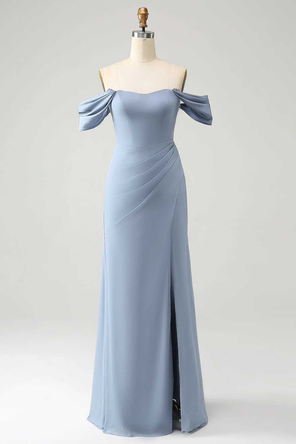 Charming slim fit off shoulder chiffon slit long bridesmaid dress