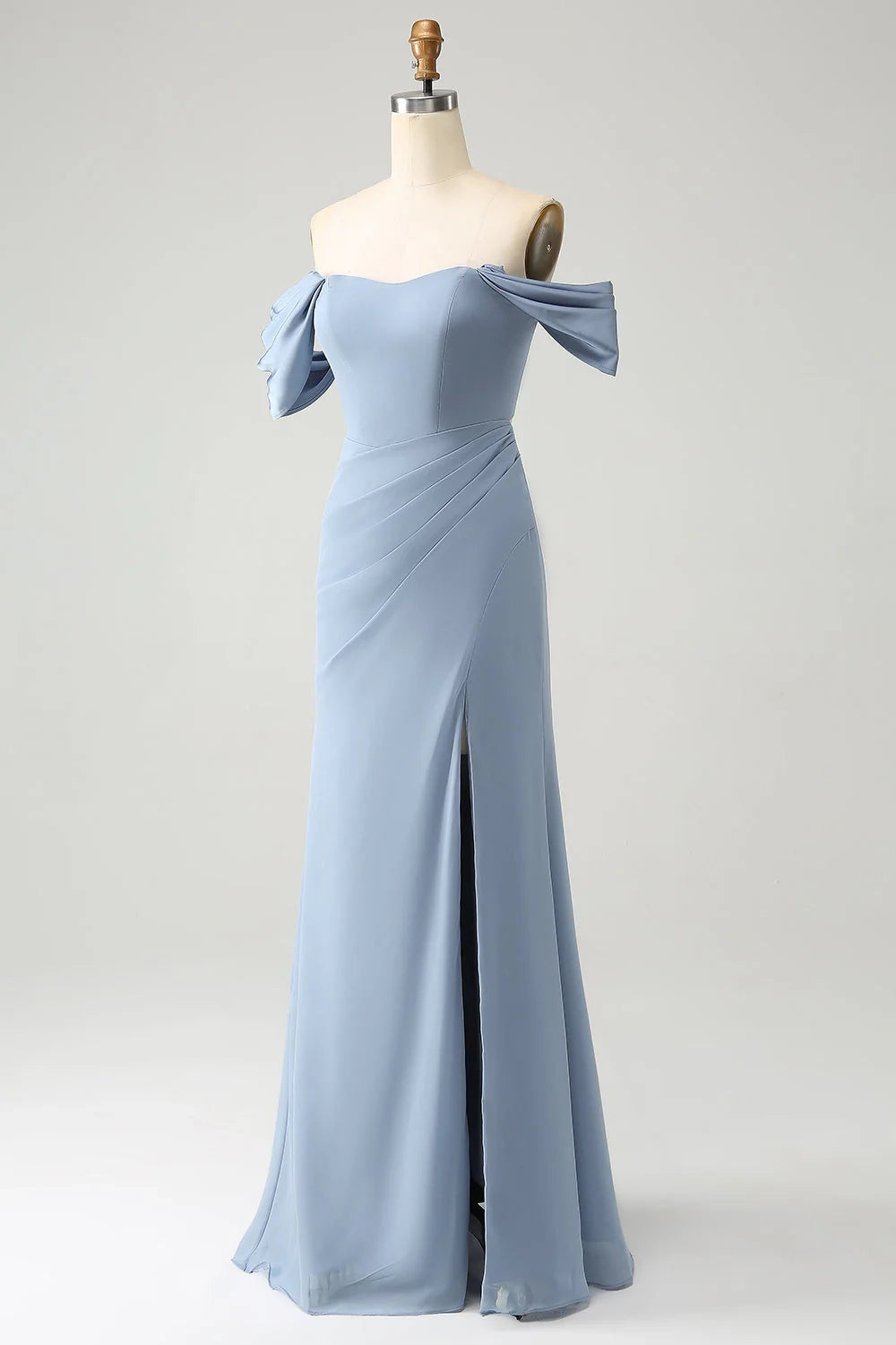 Charming slim fit off shoulder chiffon slit long bridesmaid dress