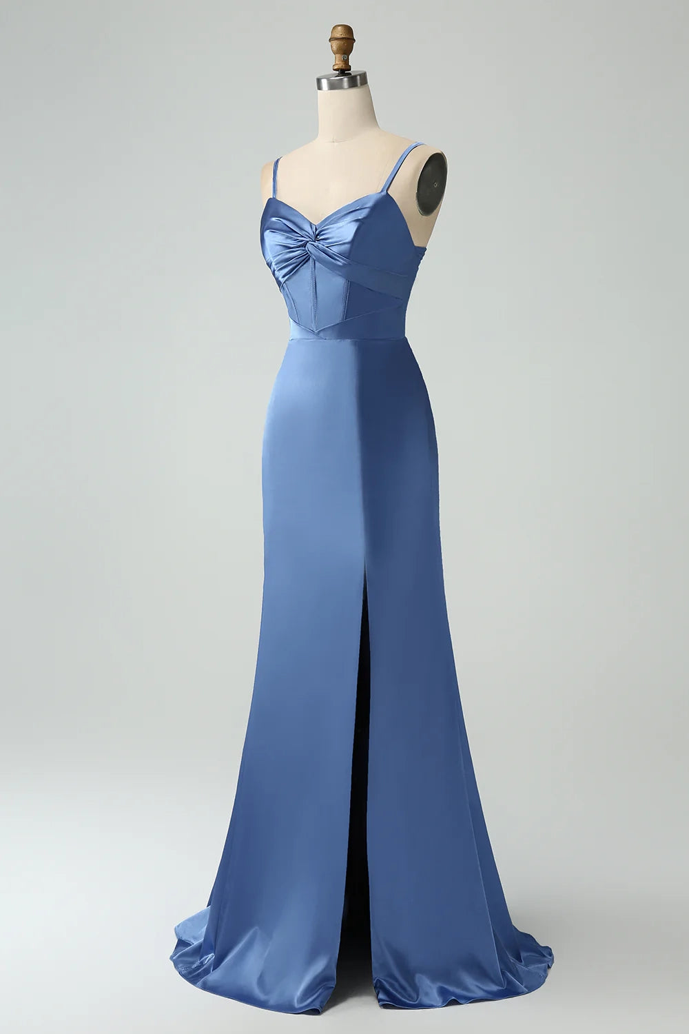 Charming slim mermaid slim shoulder strap lace up back slit bridesmaid dress