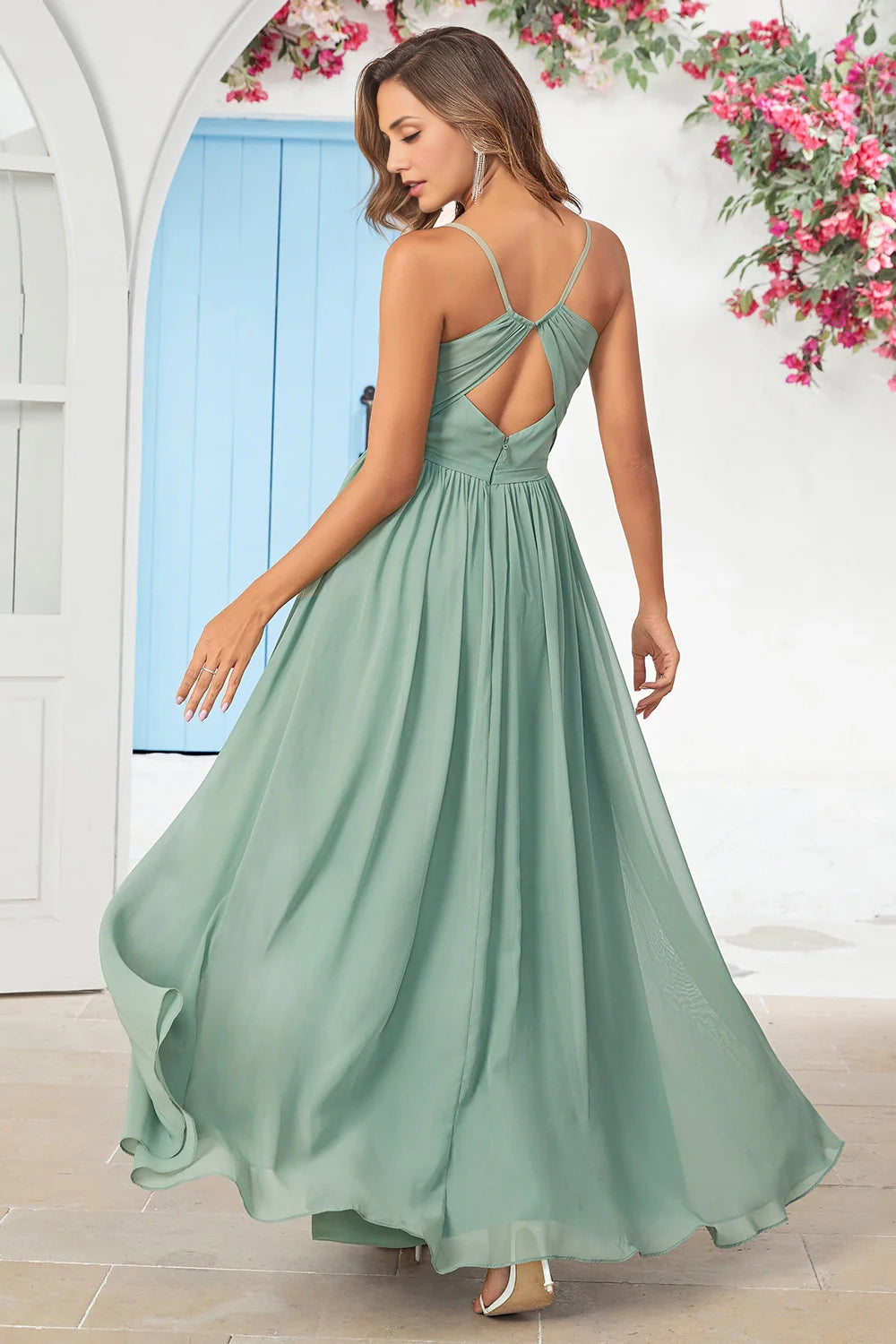 Charming slim shoulder strap tied long back cross bridesmaid dress