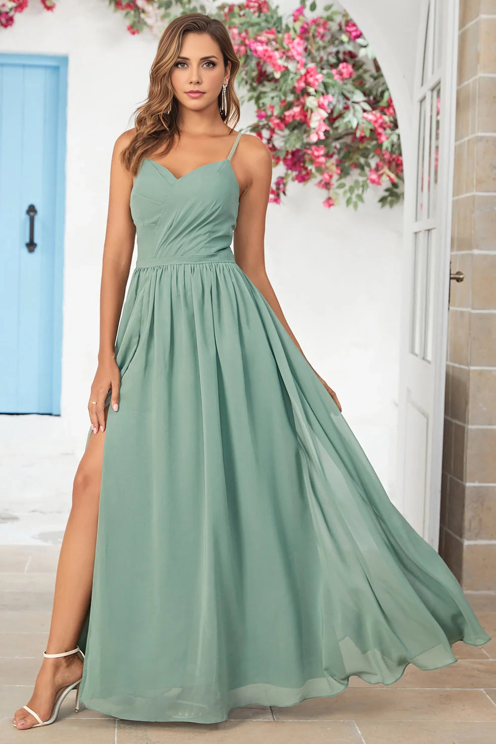 Charming slim shoulder strap tied long back cross bridesmaid dress