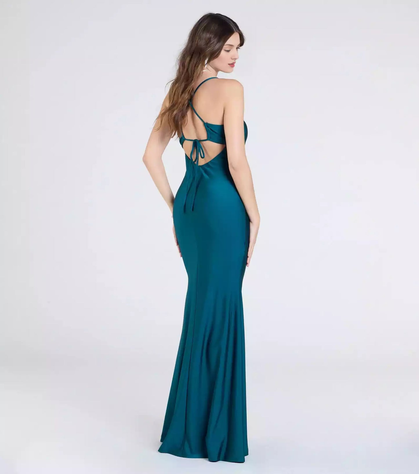 Charming smooth knit V-neck slim shoulder strap backless lace up mermaid and floor Prom Dresses