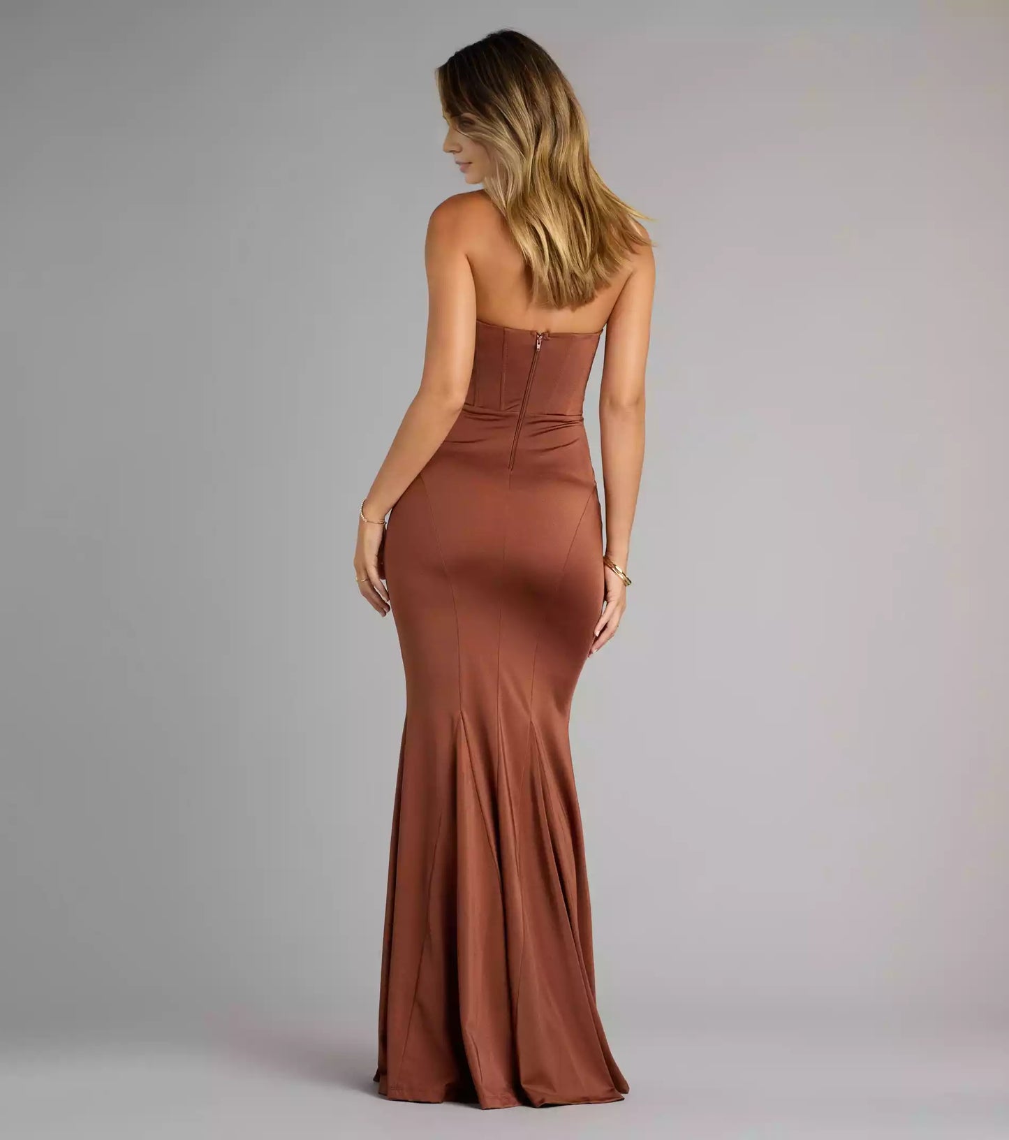 Charming smooth knit strapless heart-shaped twisted neckline tight corset mermaid silhouette Prom Dresses