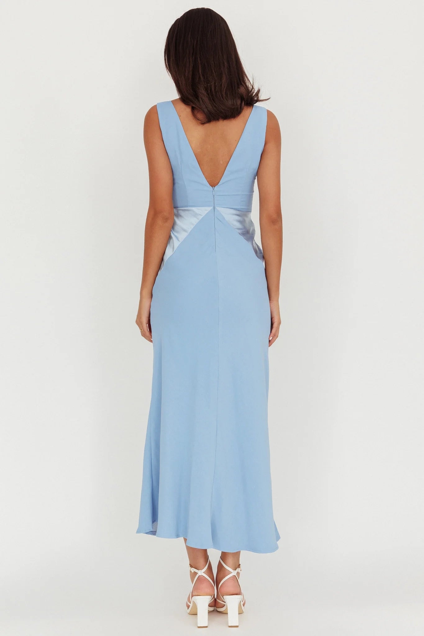 Charming unlined deep V-neck satin extra long invisible back zipper bridesmaid dress