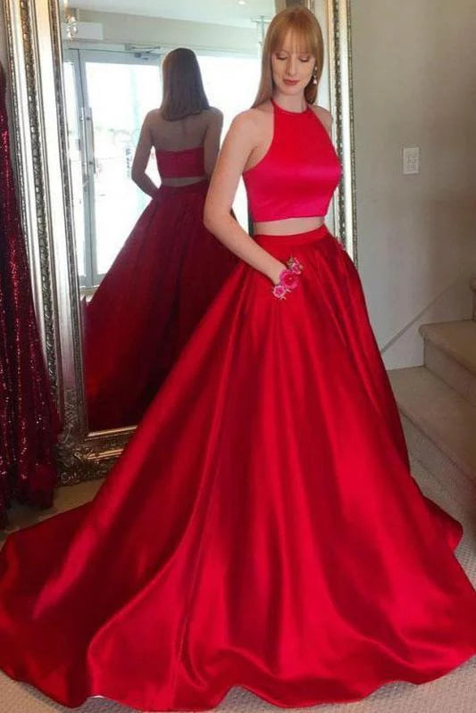 A-line two-piece set of red satin sleeveless ball dress with pockets