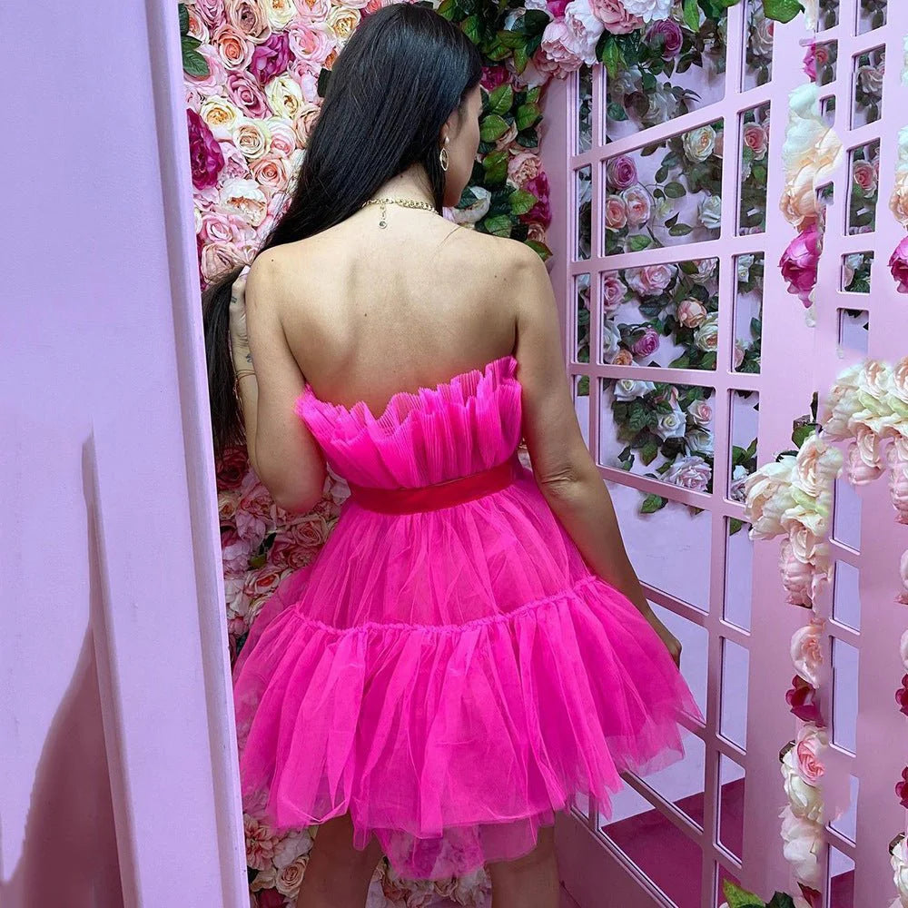Elegant return to school dress paired with ruffled strapless chiffon cocktail dress