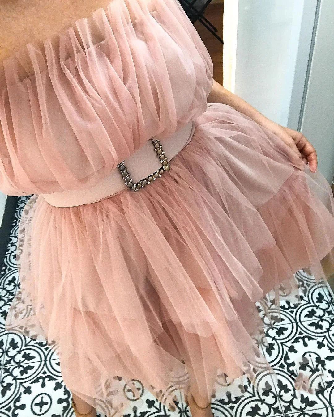 Elegant return to school dress paired with ruffled strapless chiffon cocktail dress