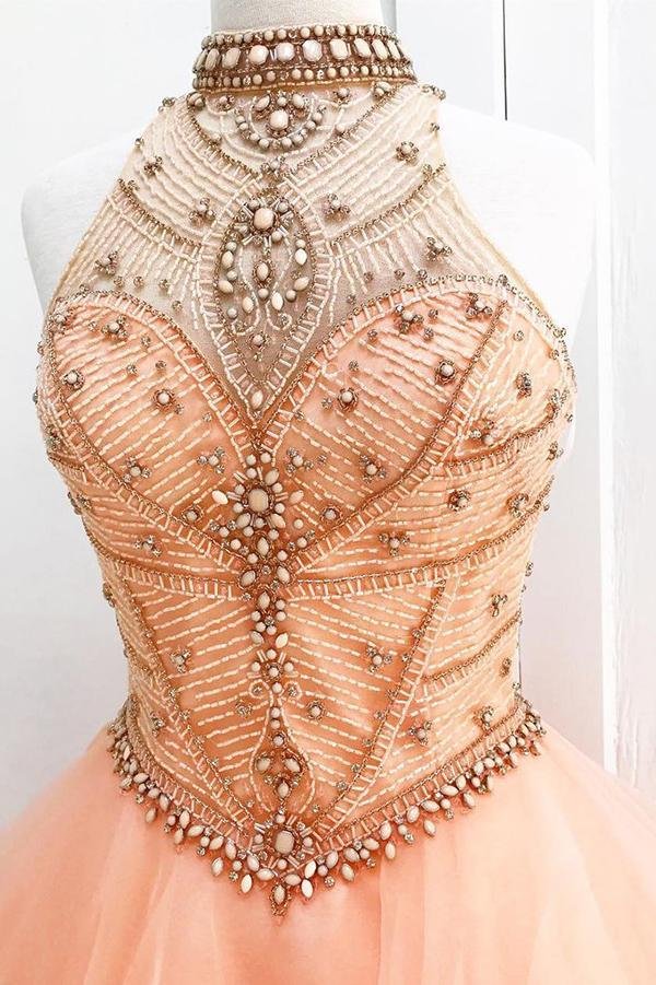 Unique backless sleeveless pearl pink beaded sheer modern long ball dress