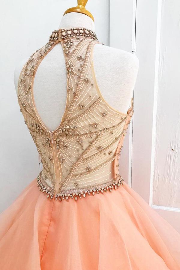 Unique backless sleeveless pearl pink beaded sheer modern long ball dress
