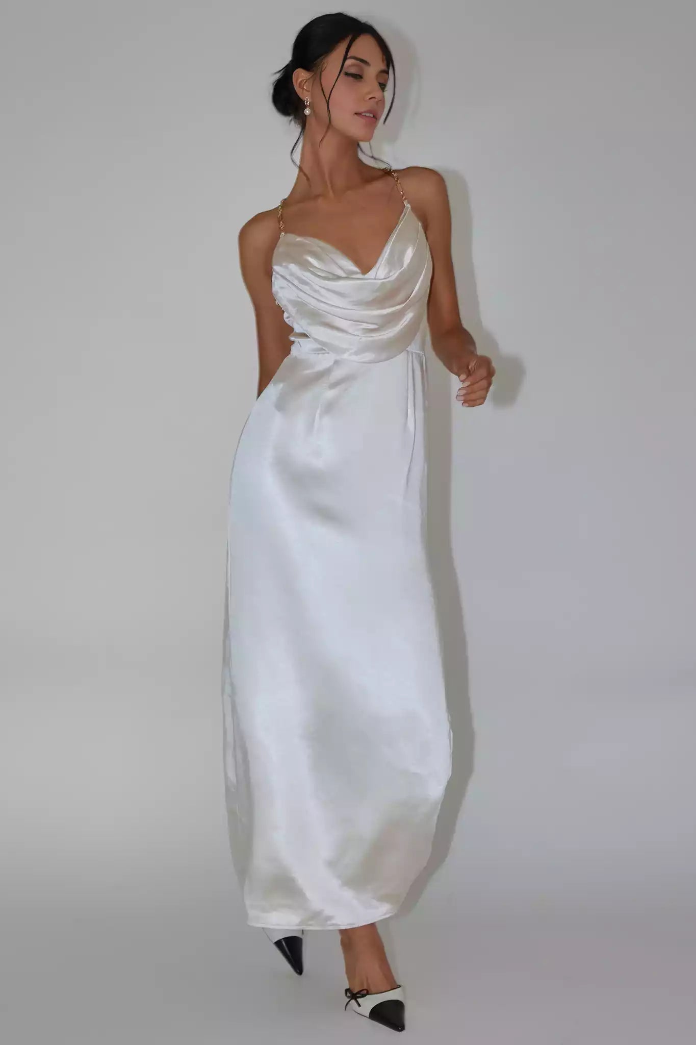 Chic mid length lined scarf, collar, chain shoulder straps, side slit, back with zipper Bridesmaid Dresses