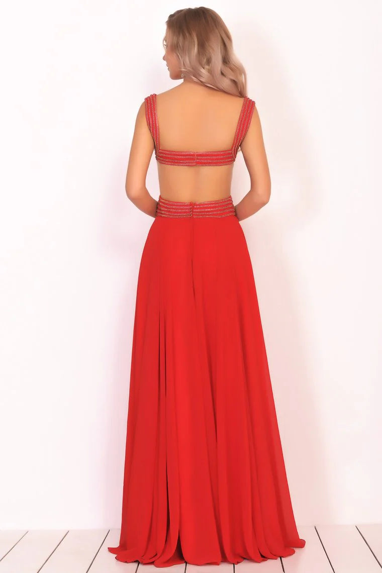 Chiffon shoulder strap beaded body A-line backless formal dress