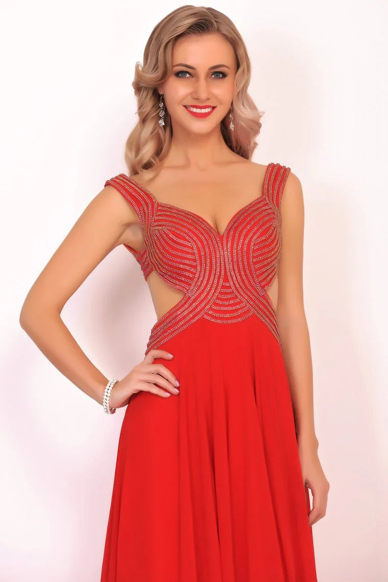 Chiffon shoulder strap beaded body A-line backless formal dress