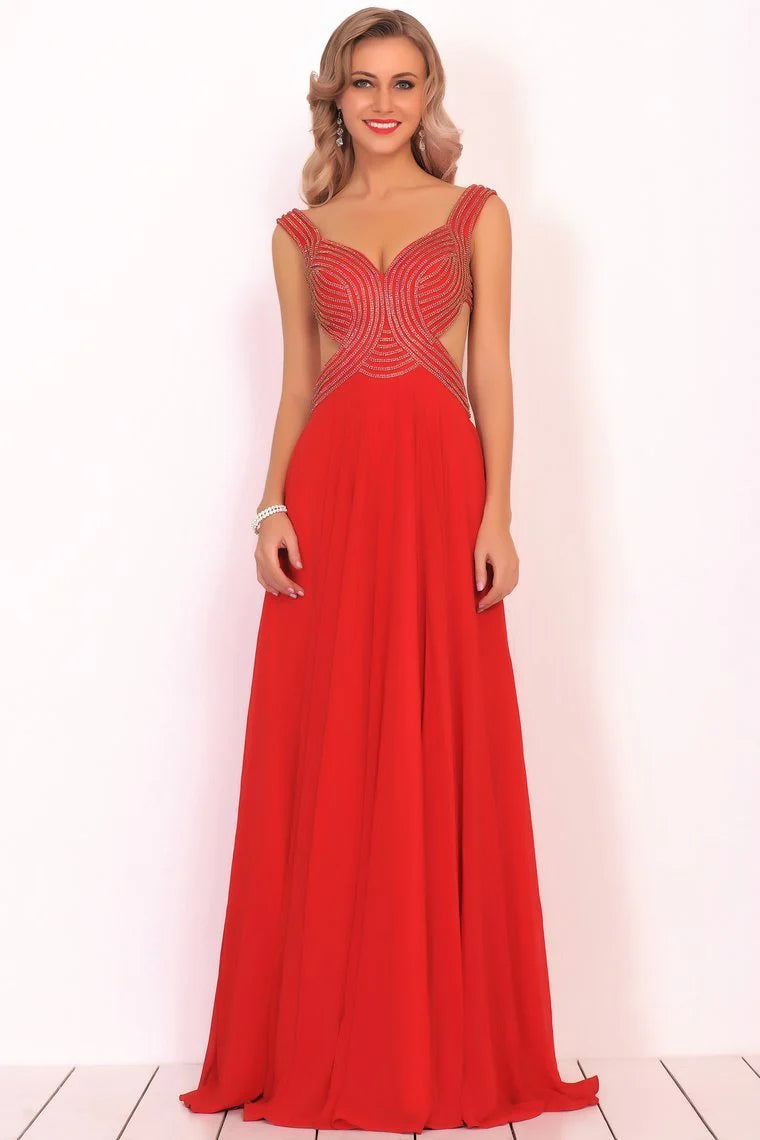 Chiffon shoulder strap beaded body A-line backless formal dress
