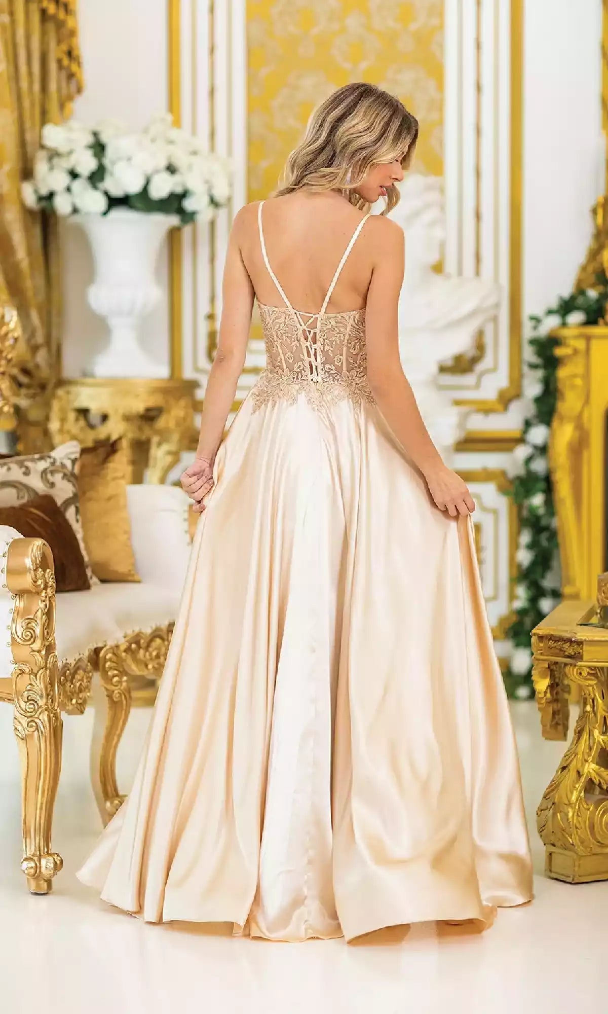 Classic A-line sheer corset with beaded embroidery and side slits, hem hanging to the ground Prom Dresses