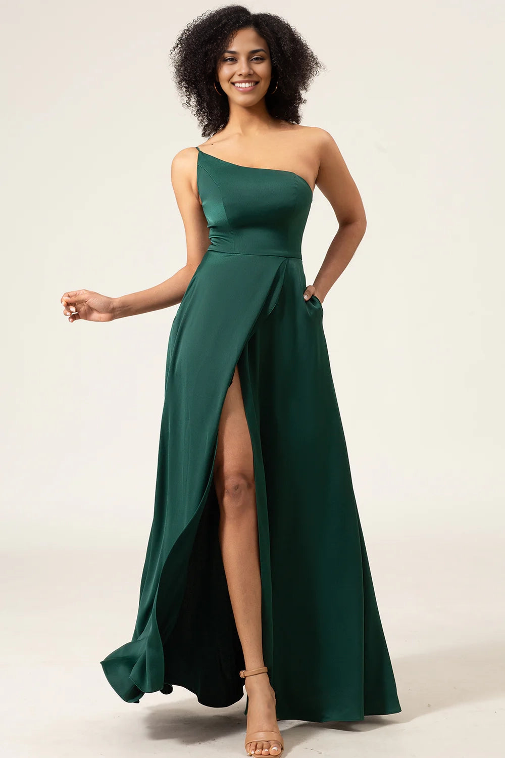 Classic A-line single shoulder sleeveless and floor chiffon slit bridesmaid dress