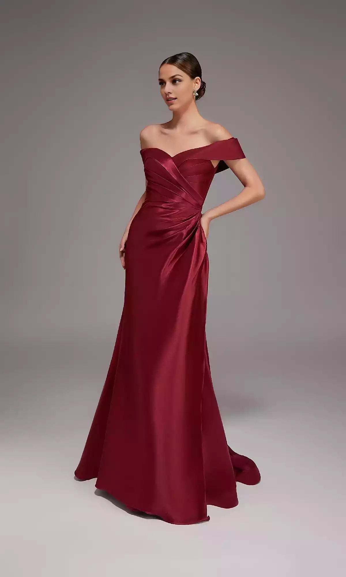 Classic and elegant wrap around skirt with a slightly flared off shoulder long Prom Dresses below the hips